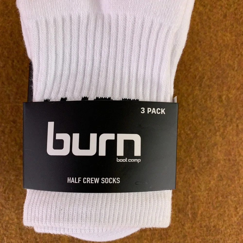 Burn Mens One Size White Black Logo Half Crew Socks 3 Pack NWT